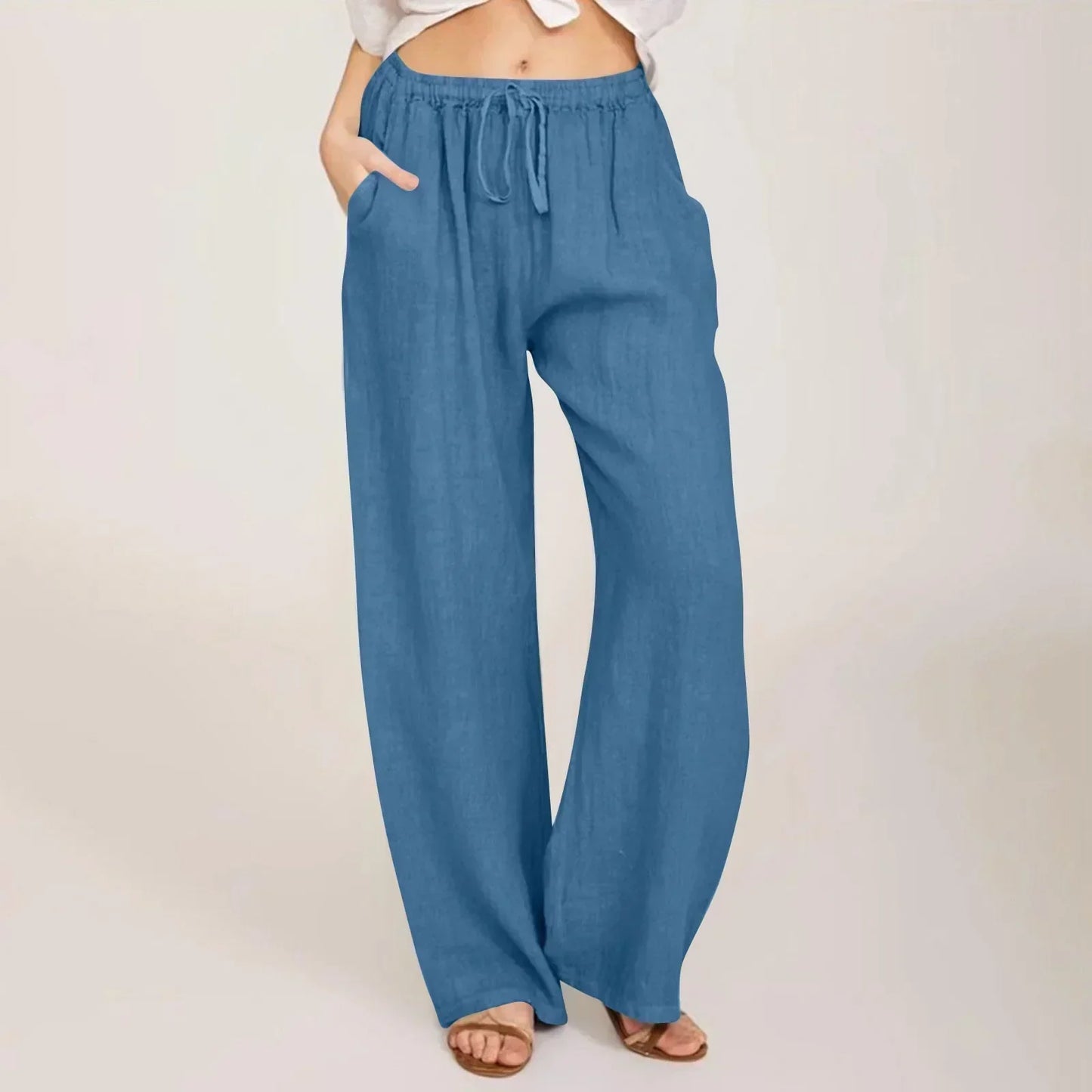 Women's Linen Wide Leg Trousers Elastic Waist Drawstring High Waisted Pants