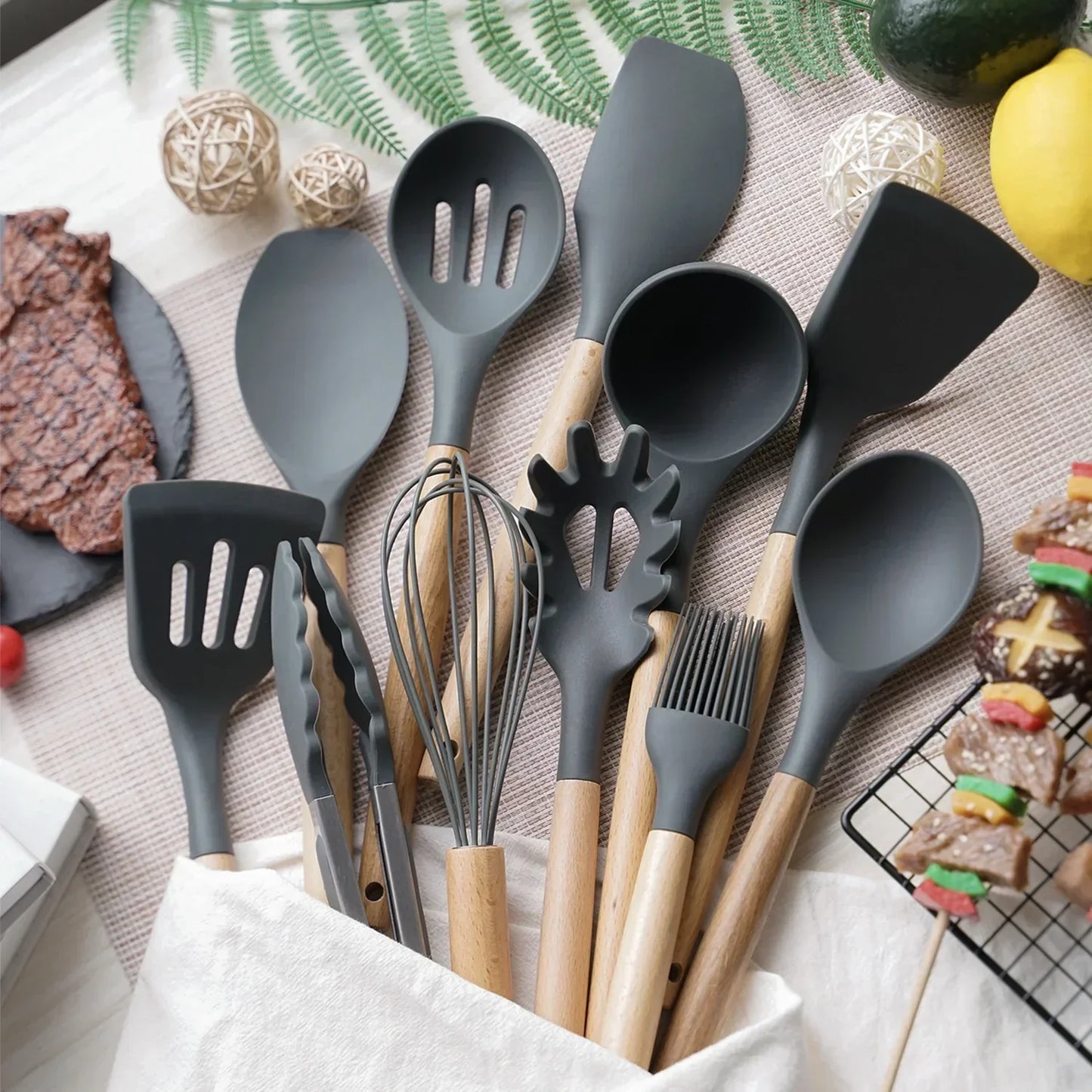ChefEase – 12-Piece Silicone Kitchen Utensil Set with Wooden Handles