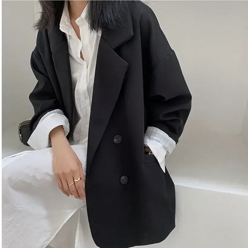 Vintage Blazer for Dame – Løs Dobbelspent Dressjakke med Lange Ermer | Elegant & Trendy Høststil 2025