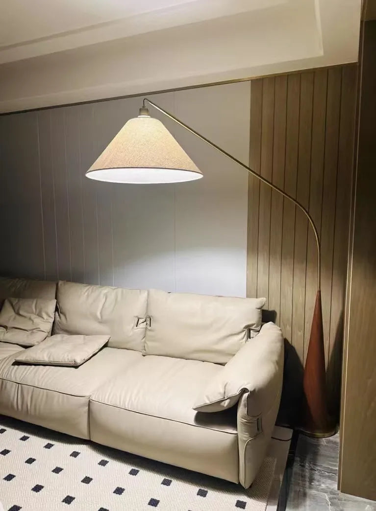 LumiArc – Luxe Houten Boogvloerlamp met Stoffen Kap