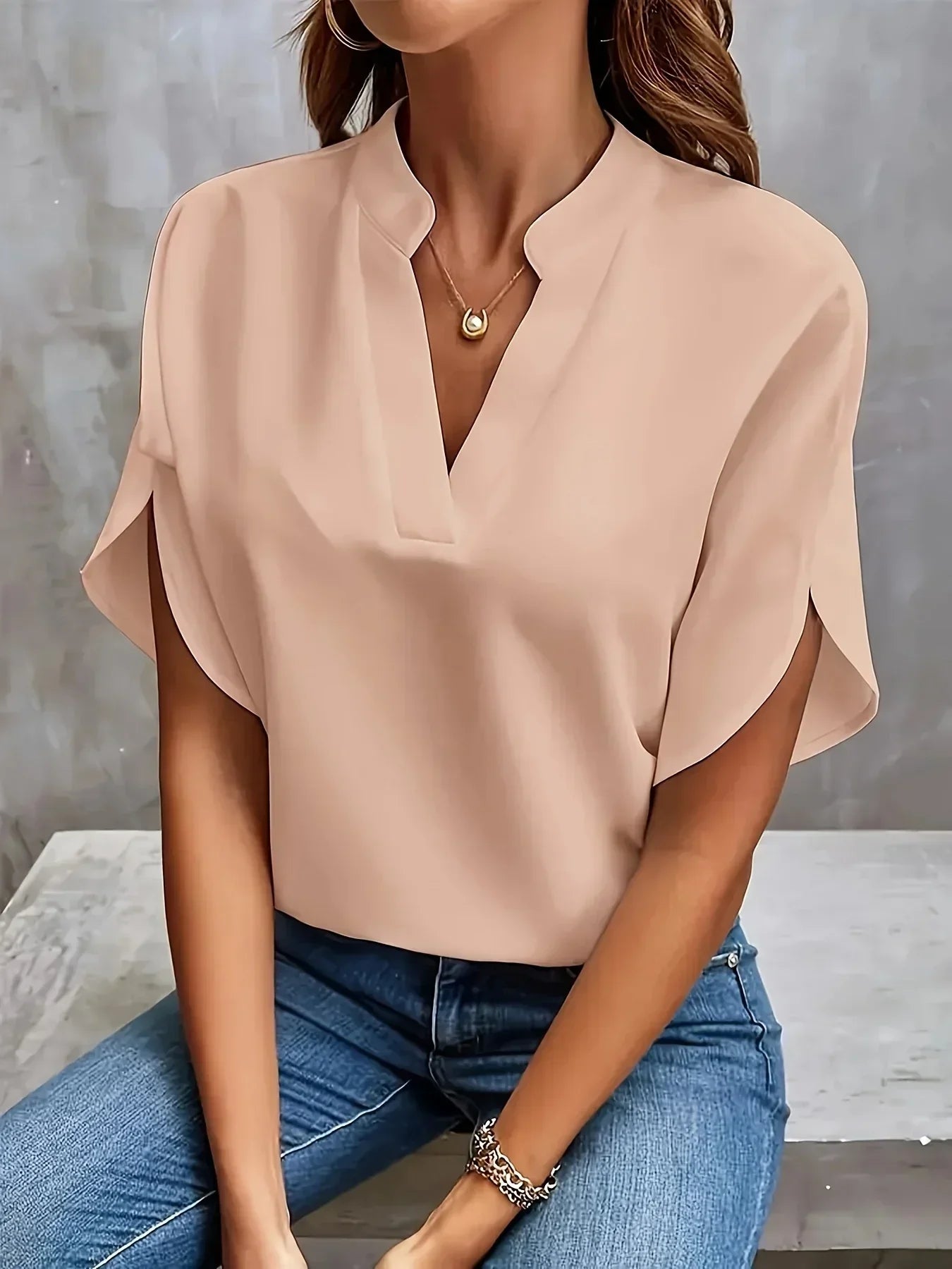 Women Elegant Split Sleeve V Neck Blouse