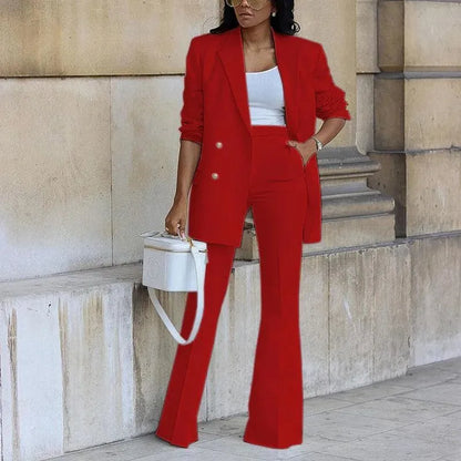Women’s Double-Breasted Blazer – Elegant Tailored Fit with Flared Hem