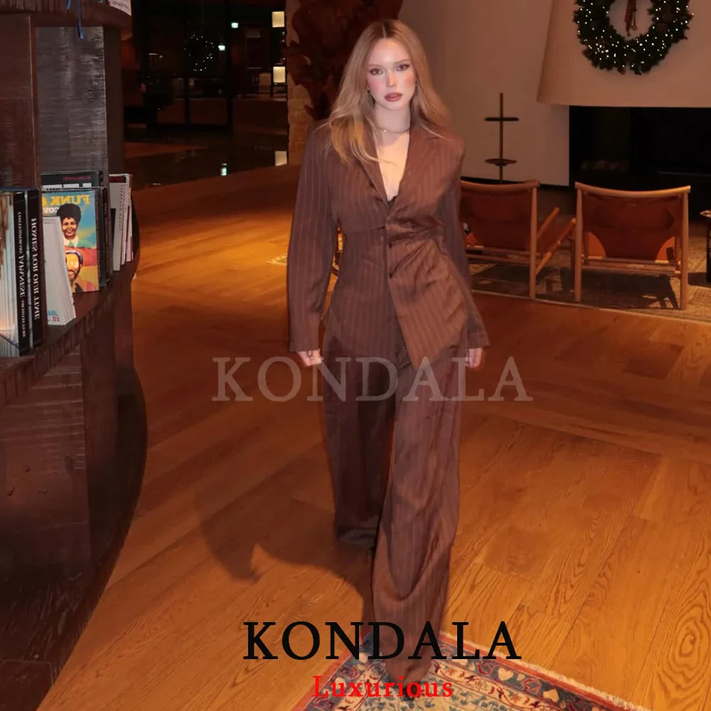 KONDALA Office Lady Chic Brown Suits V Neck Striped Loose Blazer High Waist Wide Leg Pants Fashion 2025 Fall Casual WOmen Suits