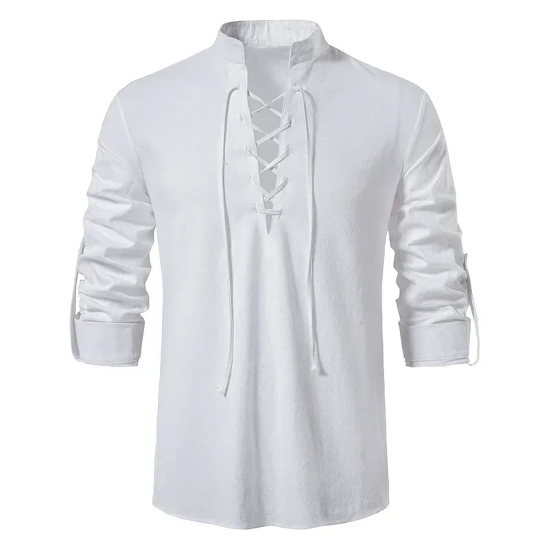 Sommerhemd Herren Relaxed Fit Freizeit mit Bindeband am Ausschnitt