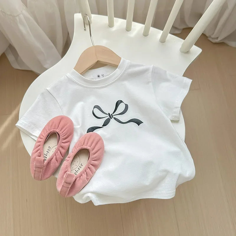 T-shirt Tops Baby Casual Korean Version of the Spring and Summer Girls Short Sleeve T-shirt Bow Children's