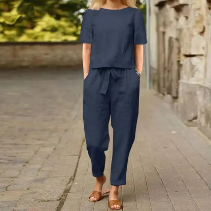 Ensemble deux pièces en lin avec haut et pantalon pour femme