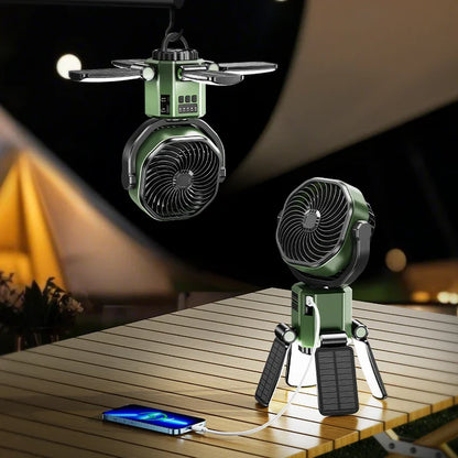Solar Camping Fan mit 6000mAh Batterie, LED Licht & 4-Geschwindigkeits-Kühlung – SunBreeze