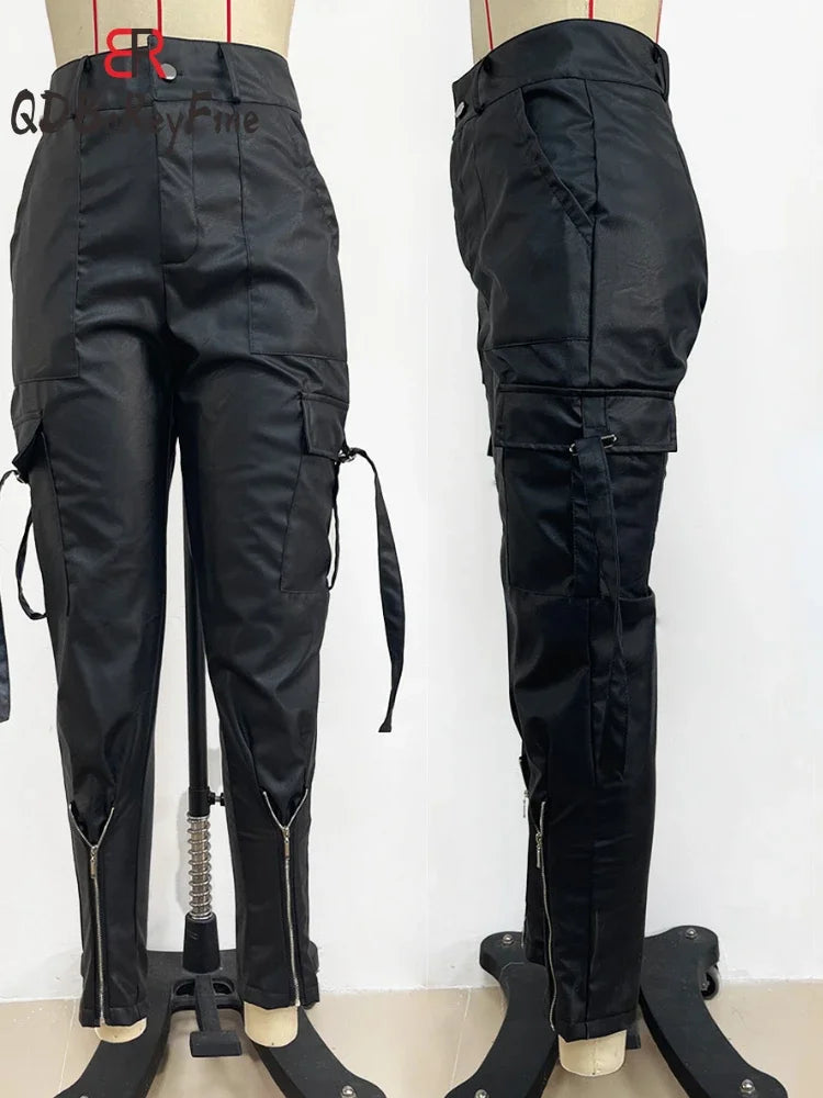 PU Leather Women's Pants Winter Fall High Waist Trousers Casual Loose Streetwear Zipper Joggers Black Cargo Pants for Women 2024