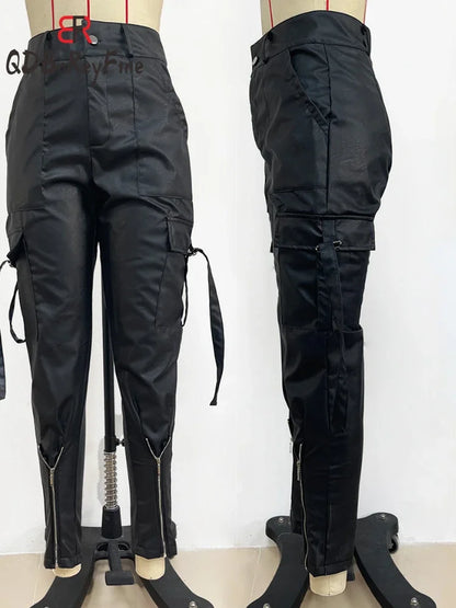 PU Leather Women's Pants Winter Fall High Waist Trousers Casual Loose Streetwear Zipper Joggers Black Cargo Pants for Women 2024
