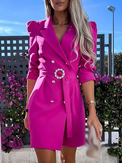 Women's Double-Breasted Blazer Dress - Puff Sleeve, Tailored Fit