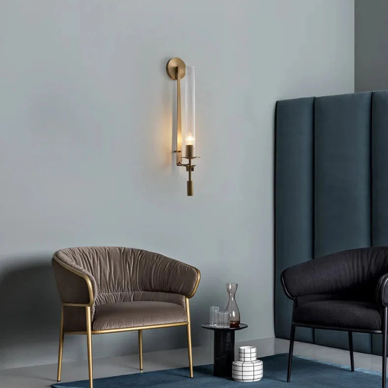 LuxRoyale French Brass Wall Lamp With Ribbed Glass Cylinder And Edison Bulb