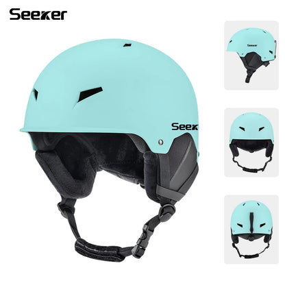 Turkis Seeker skihjelm med justerbar rem, ventilationshuller og polstret indre. Perfekt til vintersport. Sikkerhed og komfort i stilfuldt design.