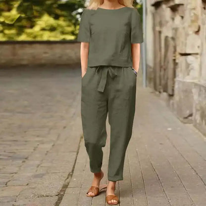 Ensemble deux pièces en lin avec haut et pantalon pour femme