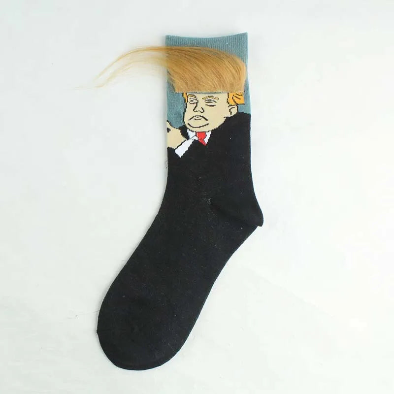 Funny President Donald Trump Socks with 3D Fake Hair Crew Socks Mens Compression Socks Streetwear Hip Hop 2022