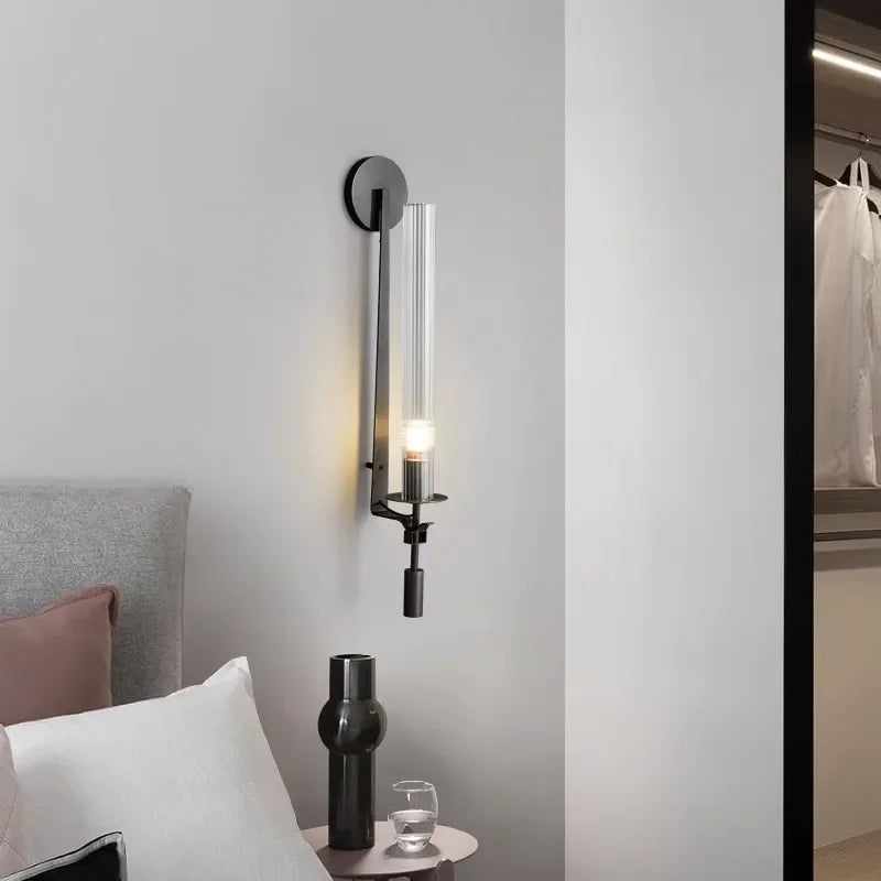 LuxRoyale French Brass Wall Lamp With Ribbed Glass Cylinder And Edison Bulb