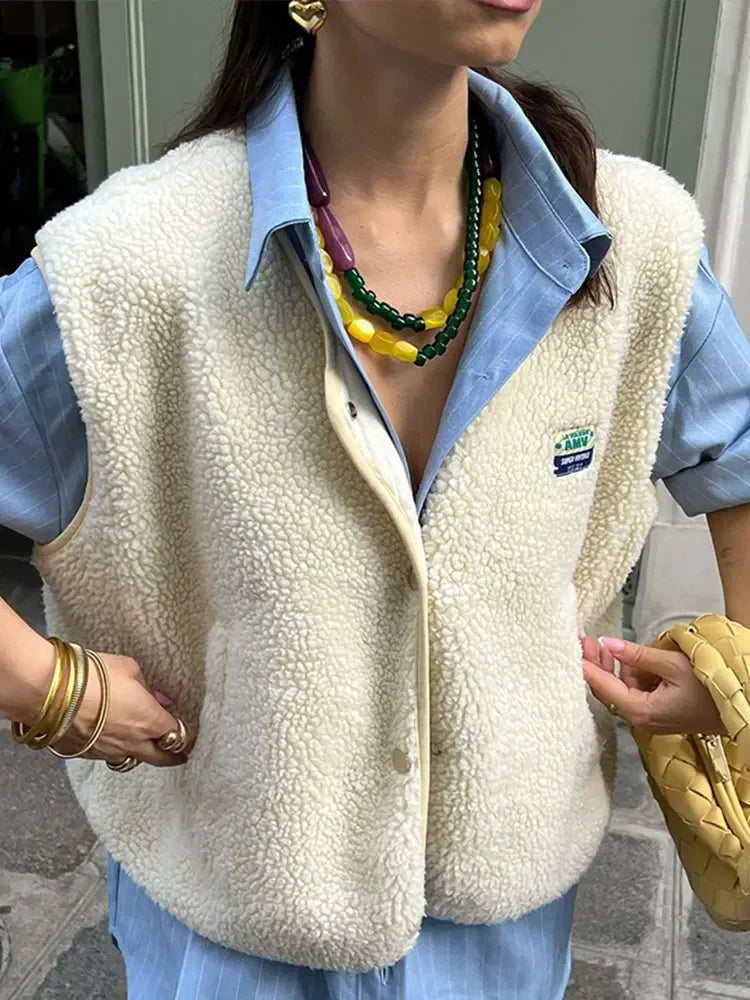 Élirée - Ärmellose Frühlingsweste aus Wolle für Frauen, Trendy, mit Knöpfen, in einfarbigen Farben