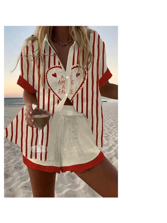 Fashion Casual Printed Two Piece Set Women Summer Comfort Holiday Color Colorful Button Short Sleeves Shirts And Shorts 2 Sets