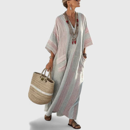 Women's V-Neck Striped Linen Maxi Dress with Pockets