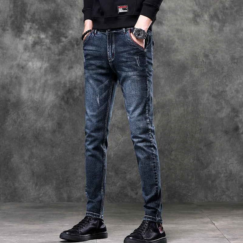 Jeans Men's Denim Stretch Slim Casual Trendy Pants Small Feet Fashion Work Daily Long New Brand Male