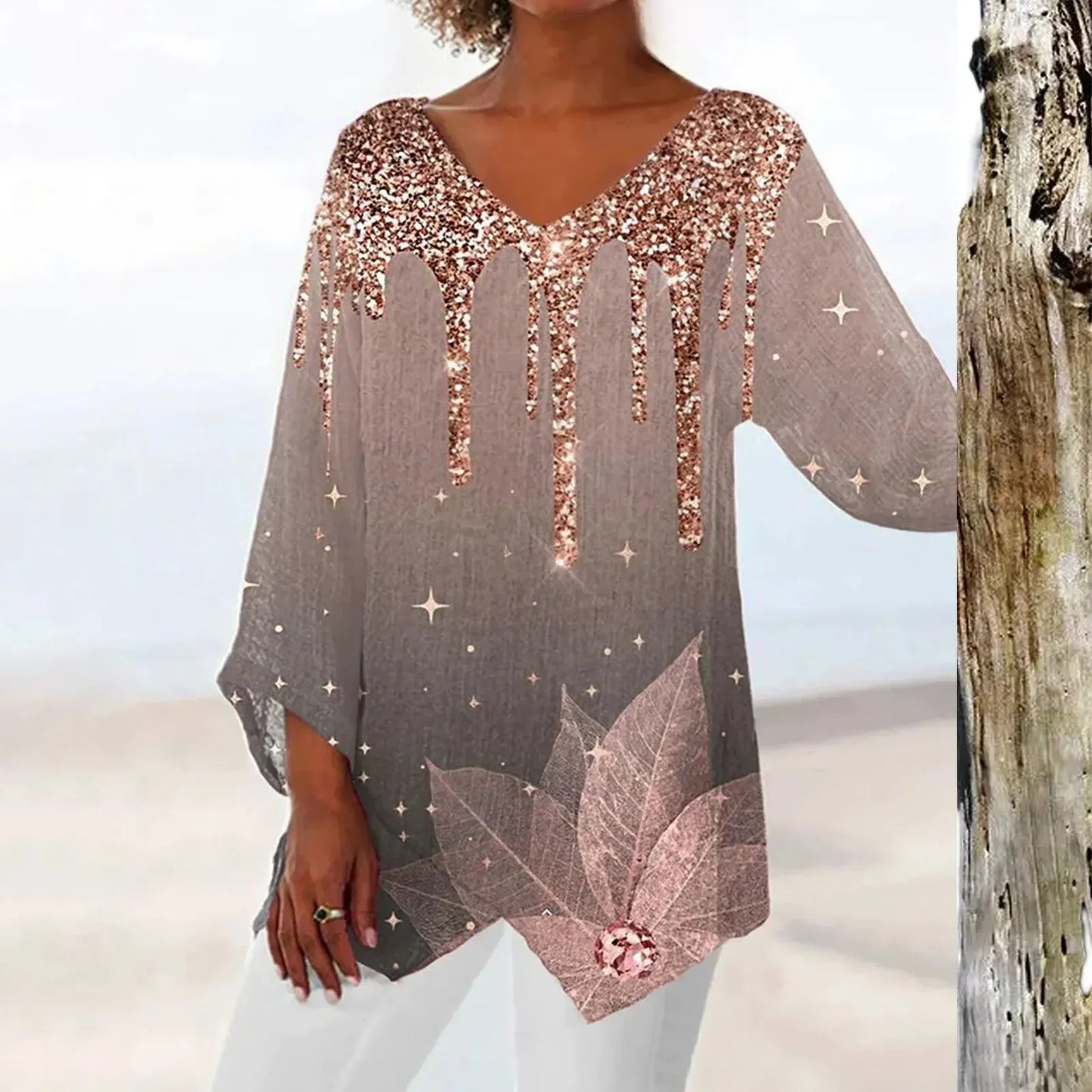 Avencea - Vintage Top with Elegant V-Neck