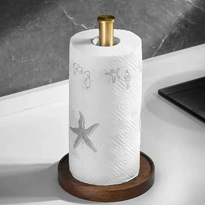 Keukenrolhouder Walnoot Hout Goud RVS 27cm Aanrecht | Keukenpapier Houder Staand Luxe Keuken | Restfield