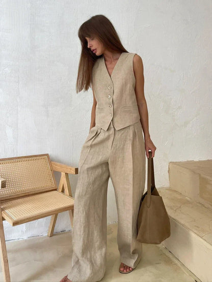 Kobieta | Elegancki Zestaw Lniany | Top Bez Rękawów | Dopasowane Spodnie | Stylowy Komplet