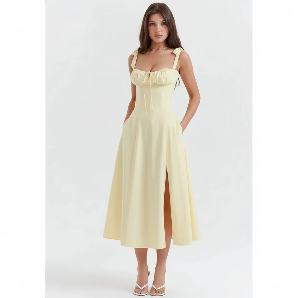 Linsay Blumenkleid – Midi-Kleid mit Korsett & Seitenschlitz