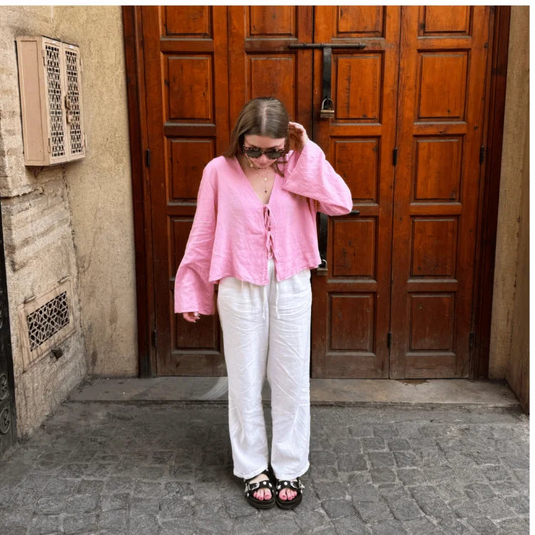 Front-Tie Linen Top
