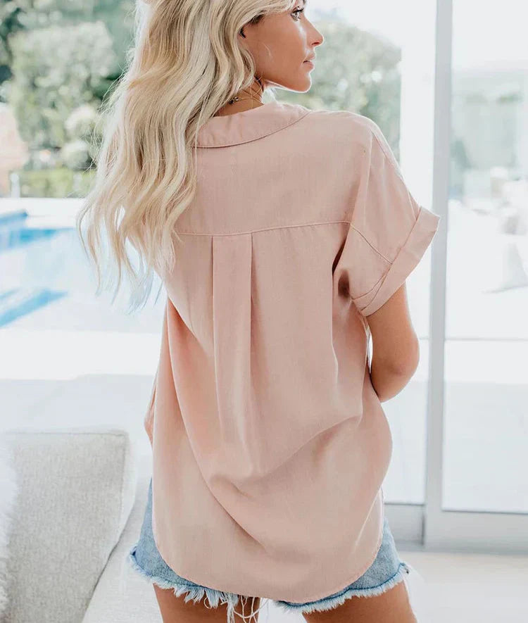 Women's Short Sleeve Button Collared Pocket Blouse