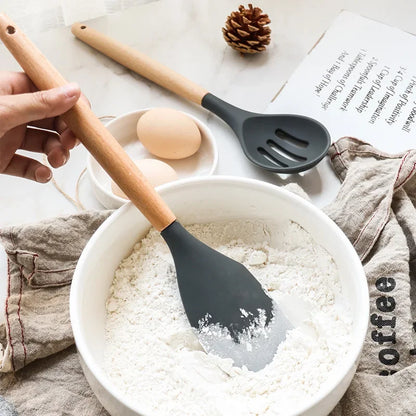 ChefEase – 12-Piece Silicone Kitchen Utensil Set with Wooden Handles