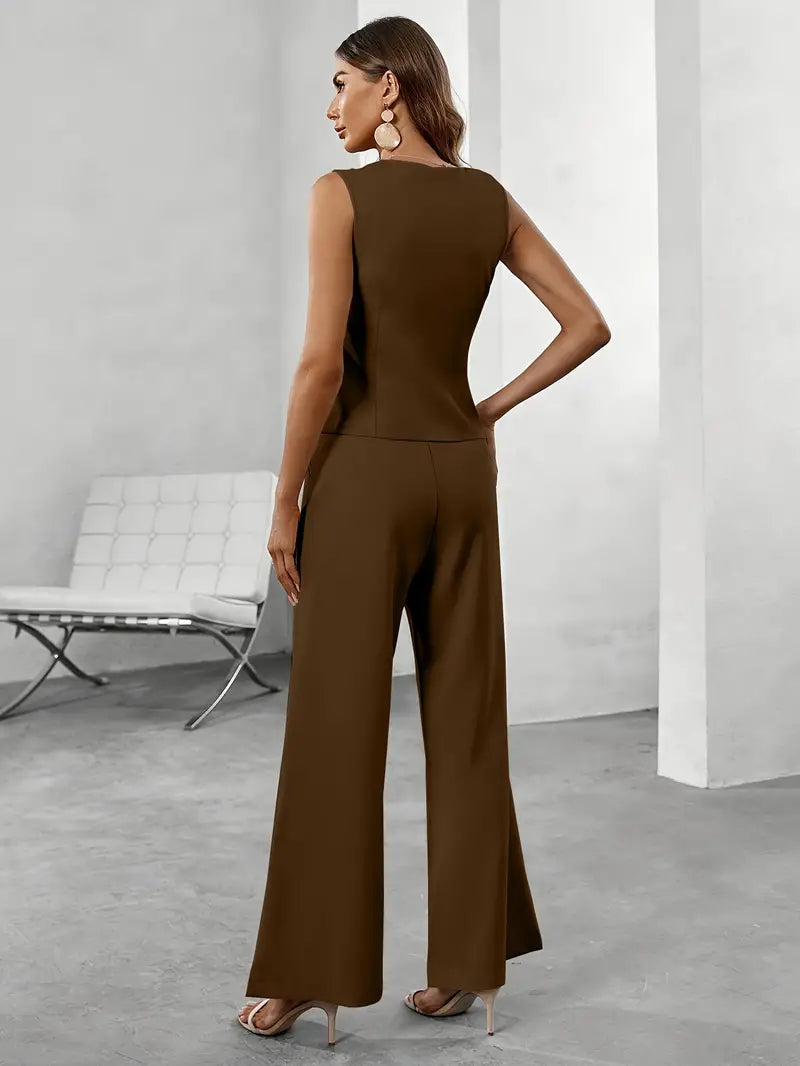 Adeline – Ensemble deux pièces tailleur avec gilet sans manches et pantalon large femme