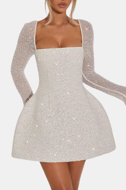 Sevyn – Square-Neck Sequin Long Sleeve Mini Dress