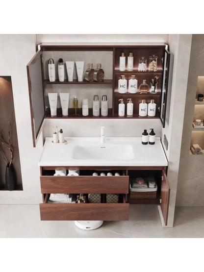 Modern style integrated walnut ceramic basin bathroom cabinet waterproof vanity