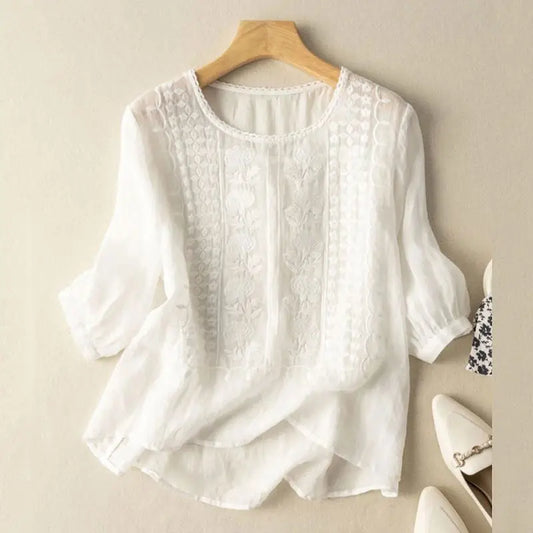 Linen Blouse Women Floral Relaxed Embroidered Top