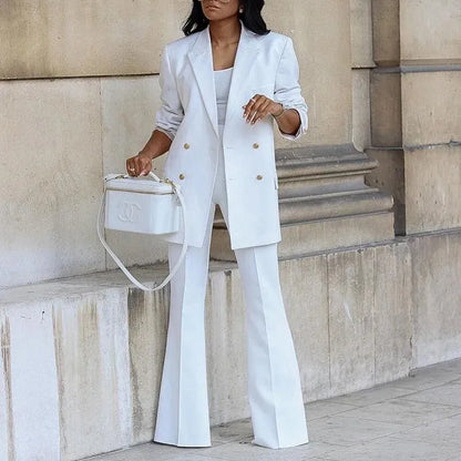 Women’s Double-Breasted Blazer – Elegant Tailored Fit with Flared Hem