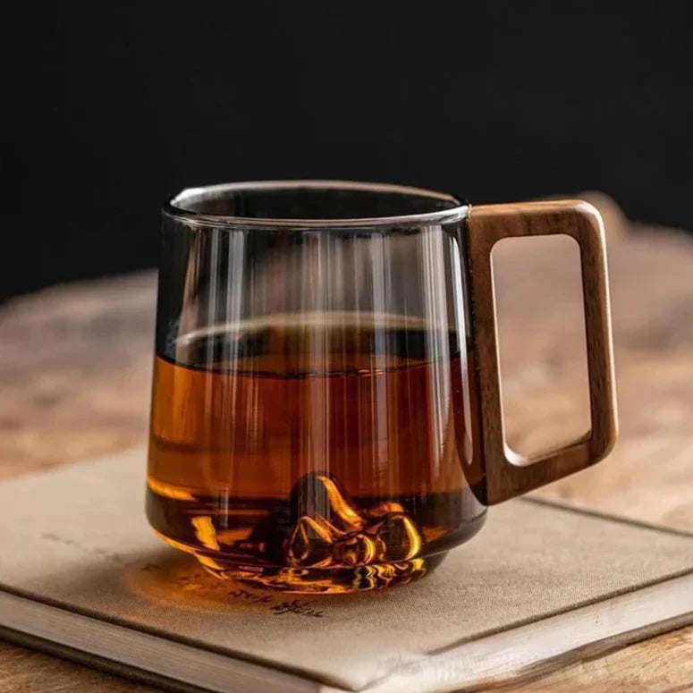 Glass Coffee Mug Borosilicate 4 in Heat-Resistant Mountain Peak Design Wooden Handle Everyday Tea Coffee Cup | Thomler