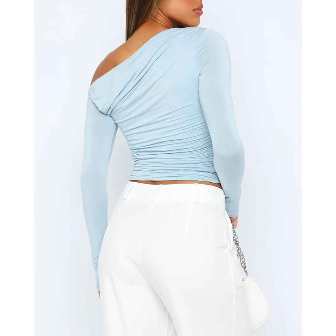 Women’s Off-Shoulder Ruched Long Sleeve Top – Fitted Silhouette