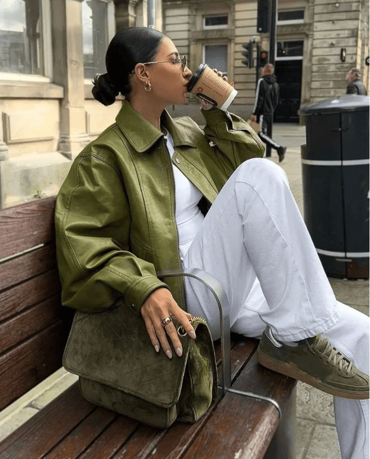 Lily-Rose - Vegan Leather Olive Green Leather Jacket In Olive Green