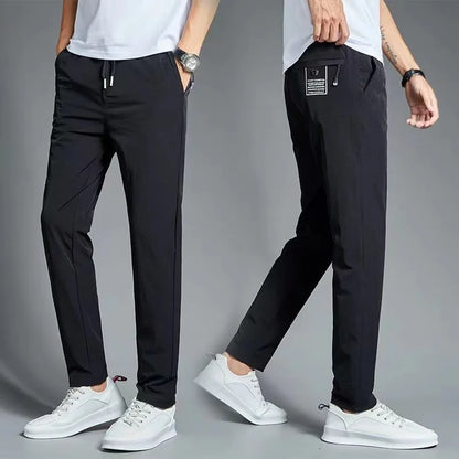 New Pants Spring Summer Mens Thin Casual Lightweight Slim Straight Trousers Elastic Ice Silk Business Casual Fashion Man Pants