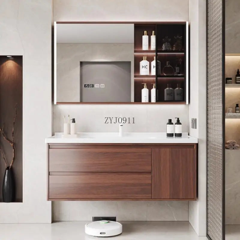 Modern style integrated walnut ceramic basin bathroom cabinet waterproof vanity