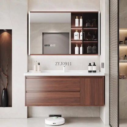 Modern style integrated walnut ceramic basin bathroom cabinet waterproof vanity
