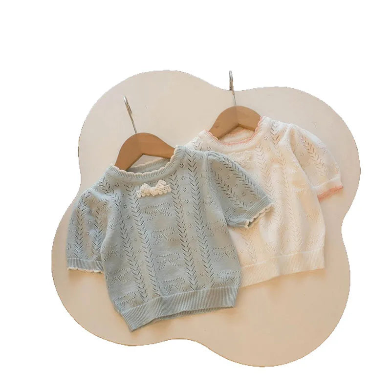 MILANCEL New Summer Kids Knitted Short Sleeves 1-5T Cute Color Blocking Bow Girls Hollow Out T-shirt Children Sweet Outwear Tops