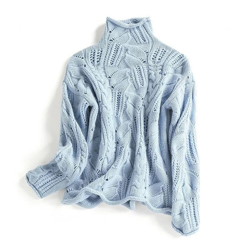 Women’s High-Neck Cable Knit Sweater – Long-Sleeve Pullover Jumper