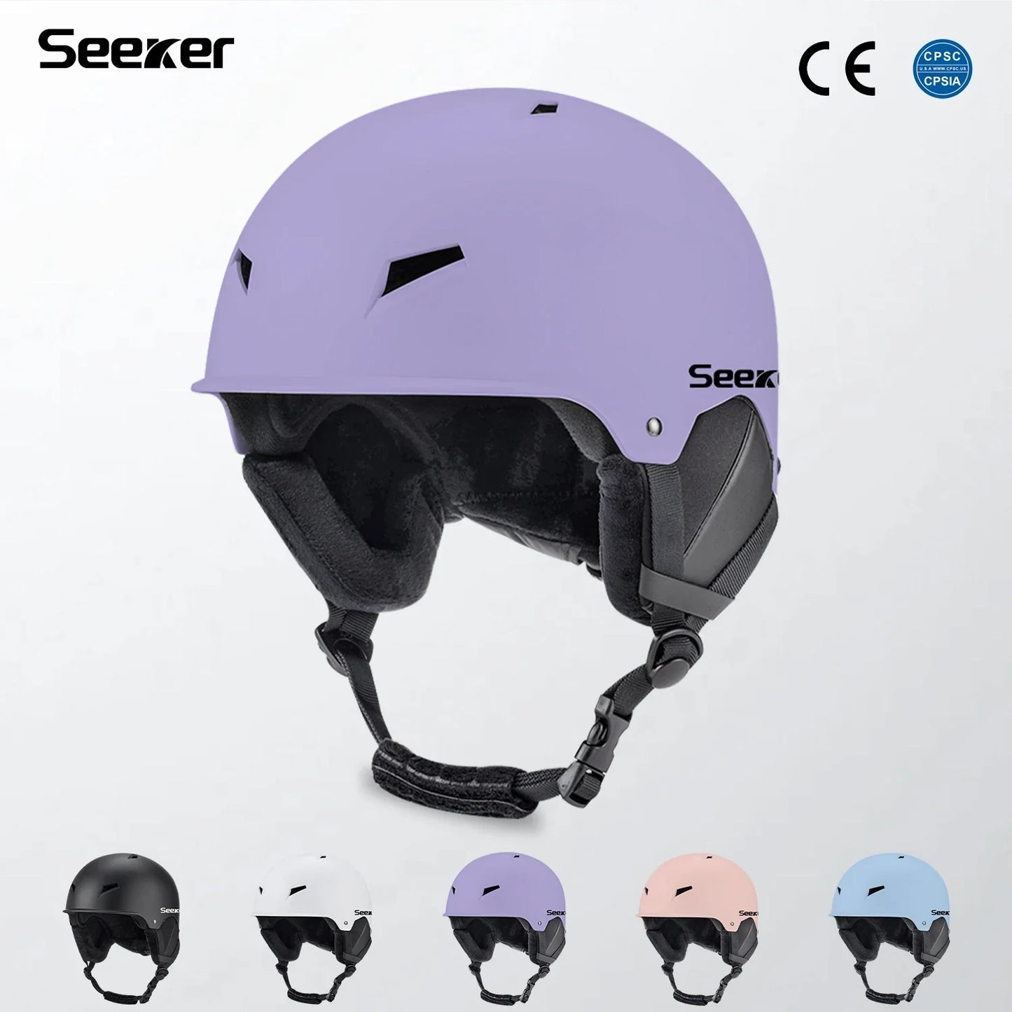 Lilla Seeker skihjelm med justerbar rem, CE og CPSC certificeret. Fås i flere farver: sort, hvid, lyserød, blå. Sikkerhed og stil til vintersport.