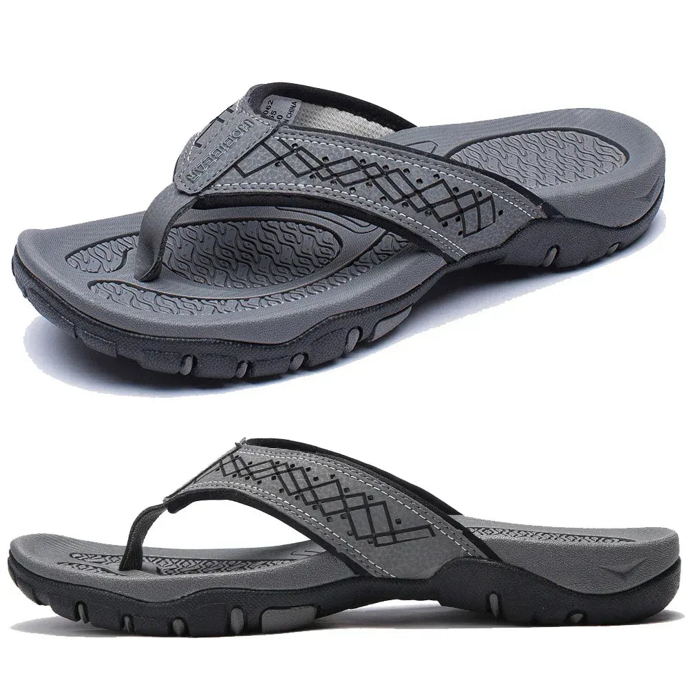 Leather Flip Flops Men’s Cushioned Rubber Sole Summer Sandals