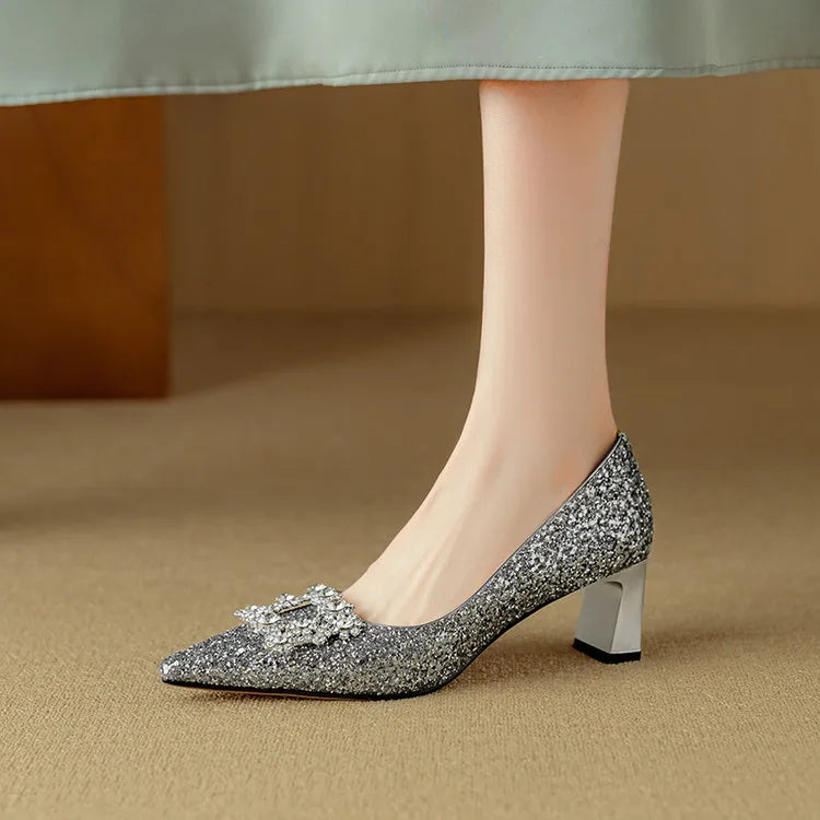 Stella | Women's Glitter Block Heel Pumps Pointed Toe Crystal Buckle