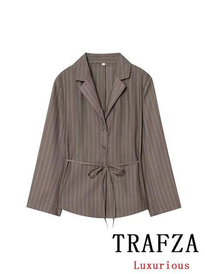 KONDALA Office Lady Chic Brown Suits V Neck Striped Loose Blazer High Waist Wide Leg Pants Fashion 2025 Fall Casual WOmen Suits