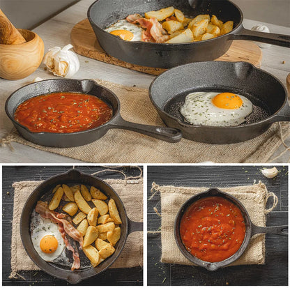 Gietijzeren Koekenpannenset 3-delig 16-20-26cm Inductie Gasfornuis Ongecoat Braadpan Omeletpan Roerbakpan Zwart | Restfield