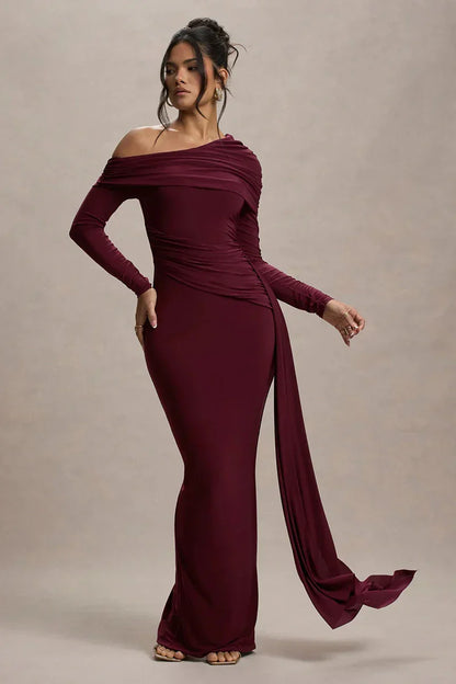 Evangeline Off-Shoulder Ruched Evening Gown