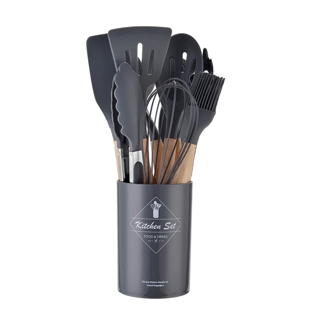ChefEase – 12-Piece Silicone Kitchen Utensil Set with Wooden Handles